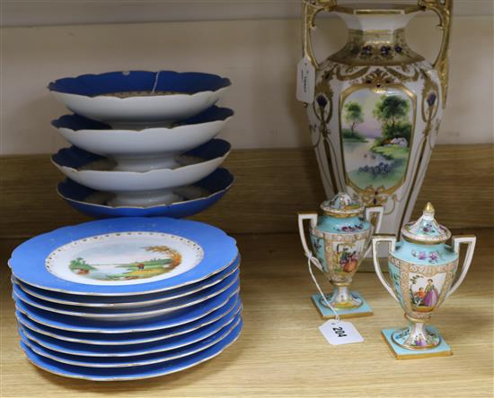 A blue, gilt and scene-painted two-handled vase, a Victorian twelve piece dessert service